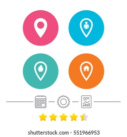 Map pointer icons. Home, food and user location symbols. Restaurant and cupcake signs. You are here. Calendar, cogwheel and report linear icons. Star vote ranking. Vector