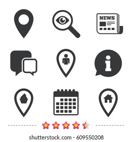 Map pointer icons. Home, food and user location symbols. Restaurant and cupcake signs. You are here. Newspaper, information and calendar icons. Investigate magnifier, chat symbol. Vector