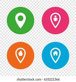 Map pointer icons. Home, food and user location symbols. Restaurant and cupcake signs. You are here. Round buttons on transparent background. Vector