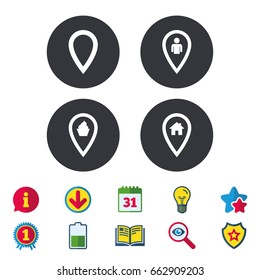 Map pointer icons. Home, food and user location symbols. Restaurant and cupcake signs. You are here. Calendar, Information and Download signs. Stars, Award and Book icons. Vector
