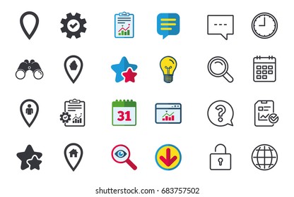 Map pointer icons. Home, food and user location symbols. Restaurant and cupcake signs. You are here. Chat, Report and Calendar signs. Stars, Statistics and Download icons. Question, Clock and Globe