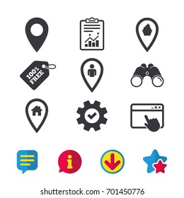 Map pointer icons. Home, food and user location symbols. Restaurant and cupcake signs. You are here. Browser window, Report and Service signs. Binoculars, Information and Download icons. Vector