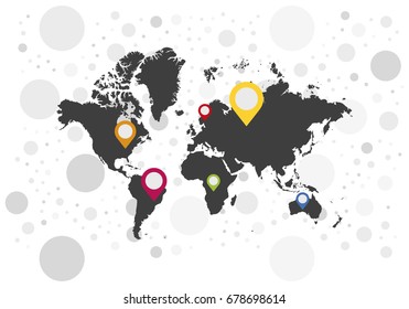 Map pointer icons on background world map. Flat Vector illustration EPS 10.