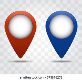 Map pointer icons. Red and blue color. Transparent shadow of the marker. Vector illustration. Template of location points or maps marks. Tags for navigation programs.