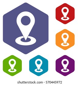 Map pointer icons set rhombus in different colors isolated on white background