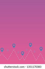 Map pointer illustration. Connected location pins, red and green pins and track on purple and pink gradient background. Nearby, direction, navigation, navigator, way, path. Vector