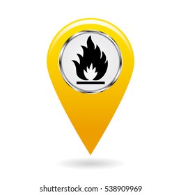 Map pointer. Index of flammable substances in the area map. Safety symbol. The yellow object on a white background. Vector illustration.