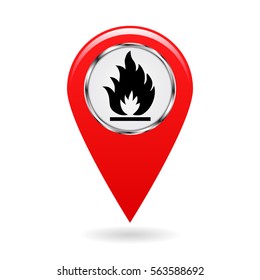 Map pointer. Index of flammable substances in the area map. Safety symbol. The red object on a white background. Vector illustration.