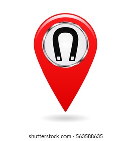 Map pointer. Index magnetic field areas on the map. Safety symbol. The red object on a white background. Vector illustration.