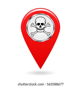 Map pointer. Index of poisonous substances on the area map. safety symbol. Red object on a white background. Vector illustration.