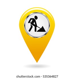 Map pointer.  Indicator of repairs and emergency areas on the map terrain. safety symbol. The yellow object on a white background. Vector illustration.