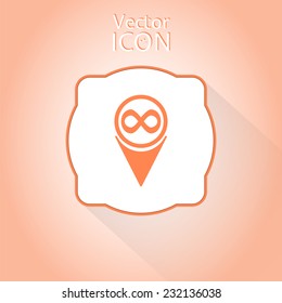 Map pointer with infinity icon. Flat design style. Made in vector