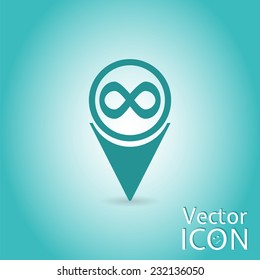 Map pointer with infinity icon. Flat design style. Made in vector