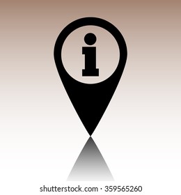 Map pointer with information icon. Black vector illustration with reflection.