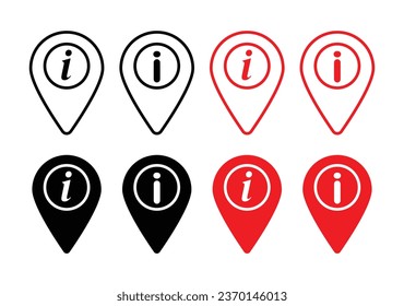 Map pointer with information icon set in black filled and outlined style. suitable for UI designs