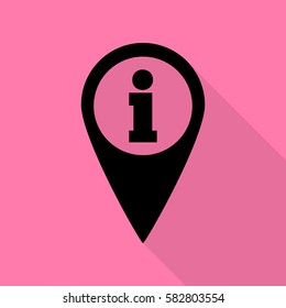 Map pointer with information sign. Black icon with flat style shadow path on pink background.