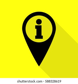 Map pointer with information sign. Black icon with flat style shadow path on yellow background.