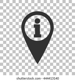 Map pointer with information sign. Dark gray icon on transparent background.