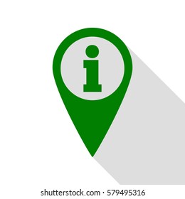 Map pointer with information sign. Green icon with flat style shadow path.