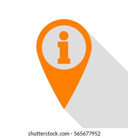 Map pointer with information sign. Orange icon with flat style shadow path.