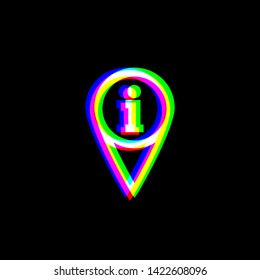 Map pointer with information sign. Red, green and blue unfocused contour icon at black background. Illustration.