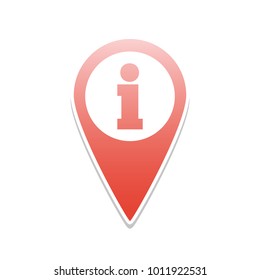 Map pointer with information sign. Vector. Reddish icon with white and gray shadow on white background. Isolated.