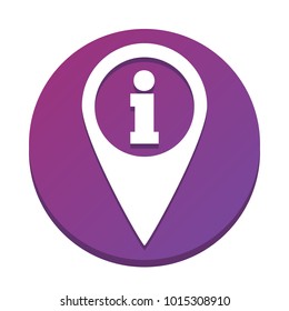 Map pointer with information sign. Vector. White icon with flat shadow on purpureus circle at white background. Isolated.