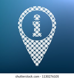 Map pointer with information sign. Vector. White textured icon at lapis lazuli gradient background.