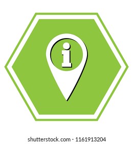 Map pointer with information sign. Vector. White icon with black shadow at yellow green honeycomb on white background.