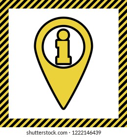 Map pointer with information sign. Vector. Warm yellow icon with black contour in frame named as under construction at white background. Isolated.