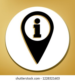 Map pointer with information sign. Vector. Black icon with light brown shadow in white circle with shaped ring at golden background.