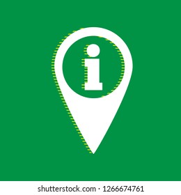 Map pointer with information sign. Vector. White flat icon with yellow striped shadow at green background.