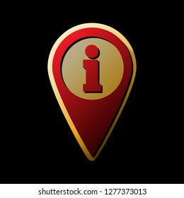 Map pointer with information sign. Vector. Red icon with small black and limitless shadows at golden sticker on black background.
