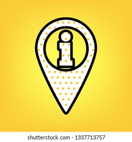 Map pointer with information sign. Vector. Yellow polka dot white icon with black contour at warm yellow background.