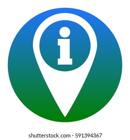 Map pointer with information sign. Vector. White icon in bluish circle on white background. Isolated.