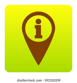 Map pointer with information sign. Vector. Brown icon at green-yellow gradient square with rounded corners on white background. Isolated.