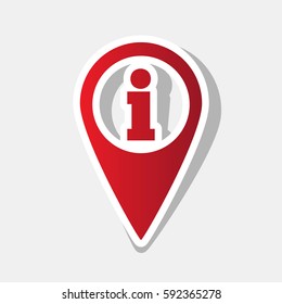 Map pointer with information sign. Vector. New year reddish icon with outside stroke and gray shadow on light gray background.