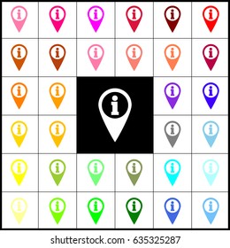 Map pointer with information sign. Vector. Felt-pen 33 colorful icons at white and black backgrounds. Colorfull.