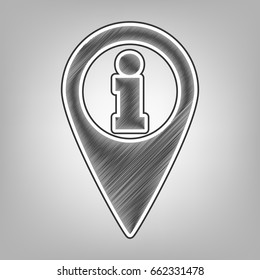 Map pointer with information sign. Vector. Pencil sketch imitation. Dark gray scribble icon with dark gray outer contour at gray background.