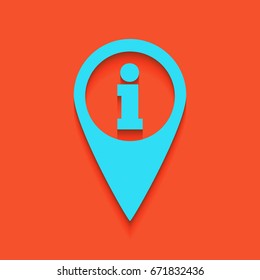 Map pointer with information sign. Vector. Whitish icon on brick wall as background.