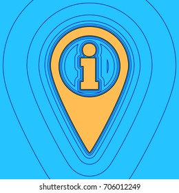 Map pointer with information sign. Vector. Sand color icon with black contour and equidistant blue contours like field at sky blue background. Like waves on map - island in ocean or sea.