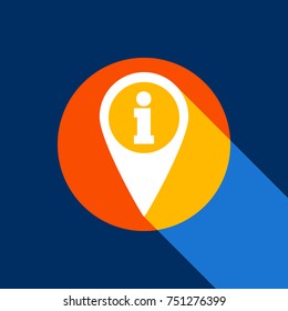 Map pointer with information sign. Vector. White icon on tangelo circle with infinite shadow of light at cool black background. Selective yellow and bright navy blue are produced.