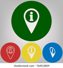 Map pointer with information sign. Vector. 4 white styles of icon at 4 colored circles on light gray background.