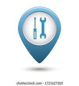 Map pointer. For installation and location. With the image of a screwdriver and a wrench. Vector illustration