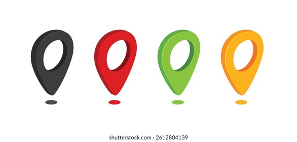 Map pointer isometric pin. Colourfull Vector set of location symbols. Isometric black, green, yellow, and red pin for map isometric isolated on white background.