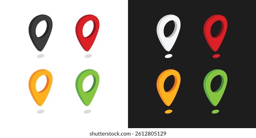 Map pointer isometric pin. Colourfull Vector set of location symbols. Isometric black, green, yellow, and red pin for map isometric isolated on black and white background.