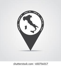 Map pointer with Italy map on a gray background. Vector illustration