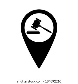 Map pointer with judge or auction hammer icon