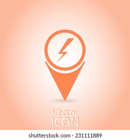 Map pointer with lightning icon. Flat design style. Made in vector