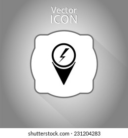 Map pointer with lightning icon. Flat design style. Made in vector